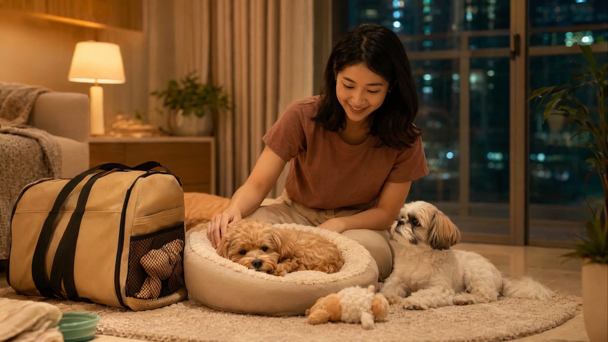Pet sitter caring for dogs during an overnight boarding stay