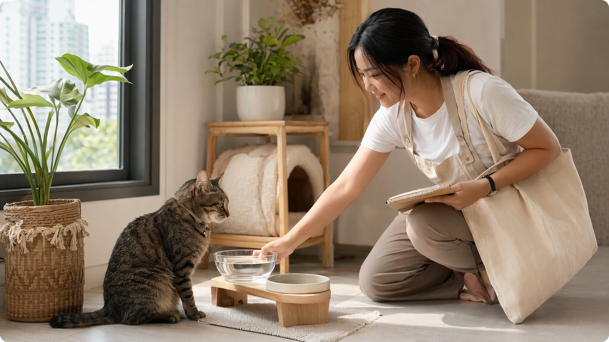 Pet sitter refreshing a cat water bowl during a home visit