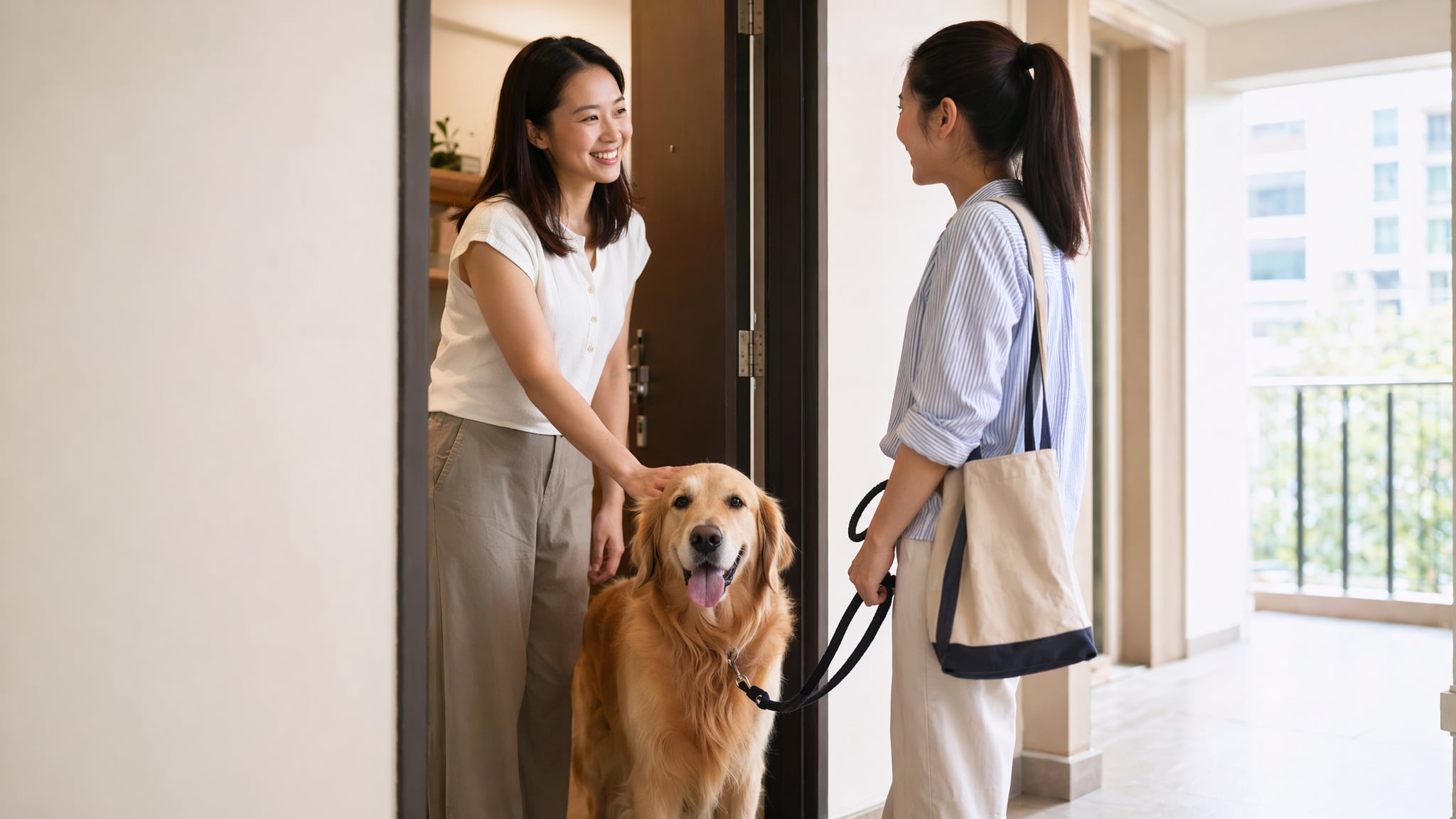 Pet sitter greeting a dog owner at a bright apartment doorway
